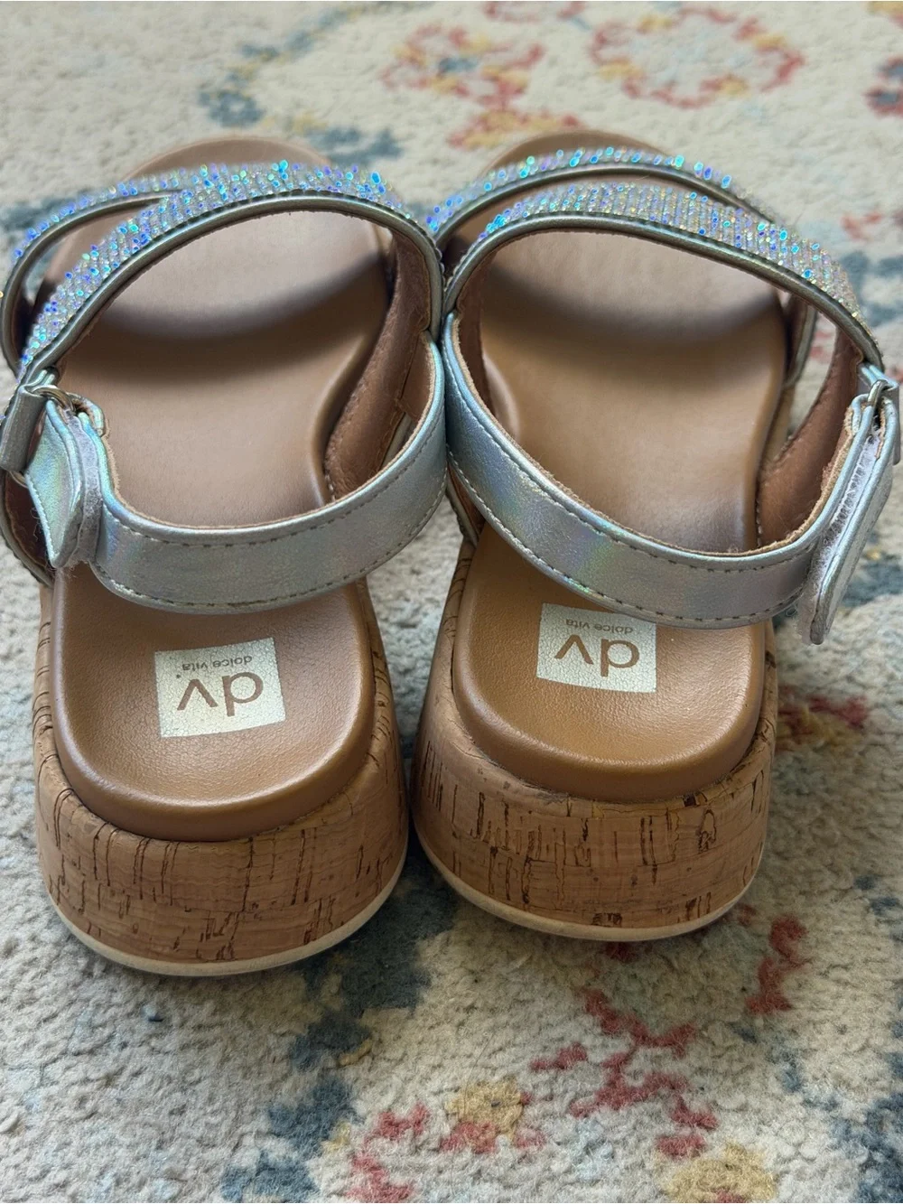 Dolce Vita Silver Iridescent Rhinestone Cork Wedge Sandals